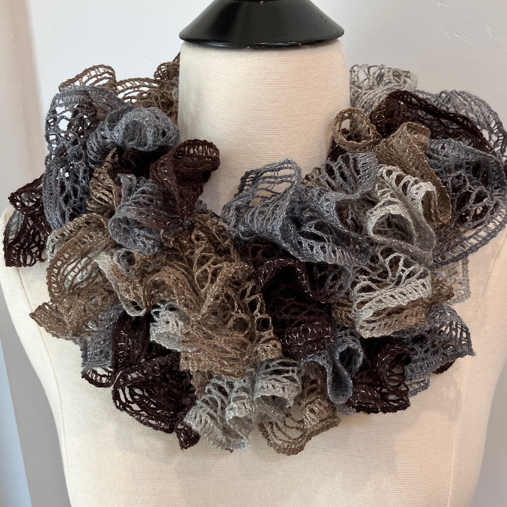 3/$18 New Elegant hand knitted Multi colored Ruffled Scarf silver crochet